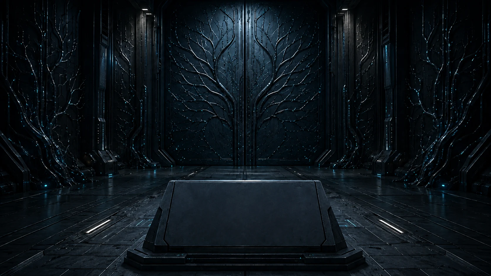 Closed neural laboratory doors and an empty control console.